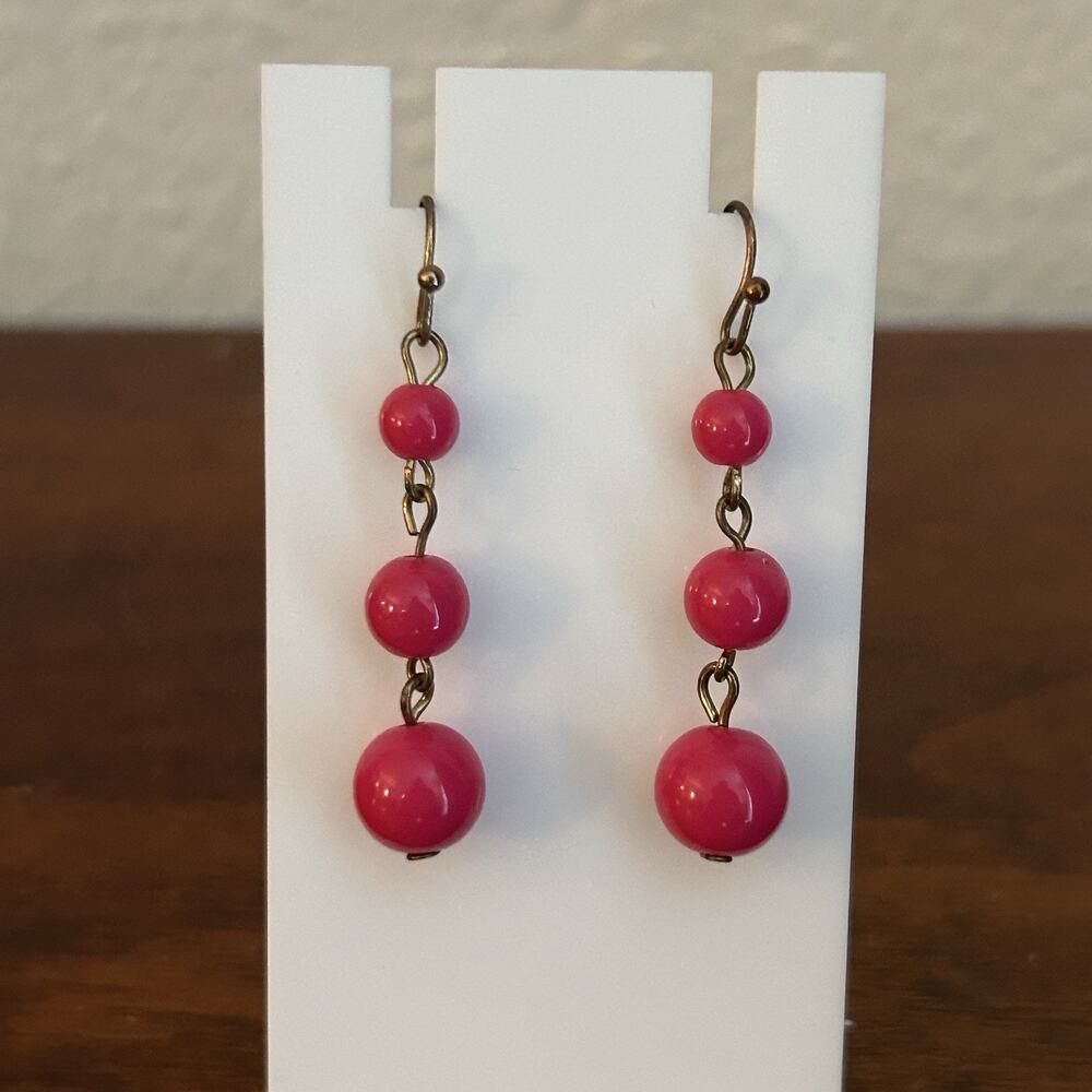 Vintage Bright Pink Graduated Balls Long Beaded Dangle Earrings Gold Tone